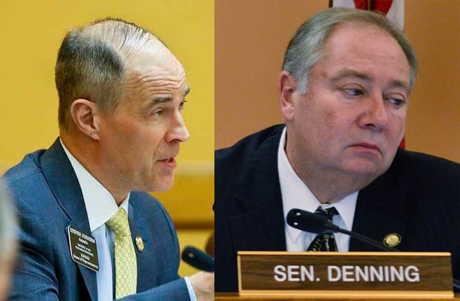 Pictured are Rep. Steven Johnson, R-Assaria, (left) and Sen. Jim Denning, R-Overland Park (right). The two new Republican leaders in the Kansas Legislature want to move quickly to repeal an income tax break for more than 330,000 farmers and business owners, a move that would repudiate a key piece of GOP Gov. Sam Brownback’s political legacy. (File photographs/The Capital-Journal)