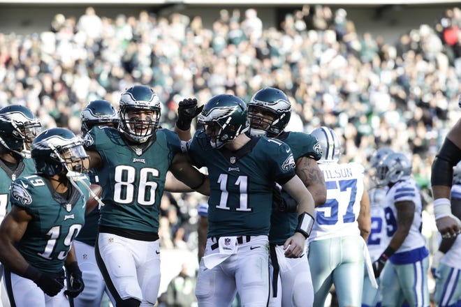 Philadelphia Eagles' Zach Ertz (86) celebrates his touchdown catch from Carson Wentz during the first half of the Eagles' season-ending win over the Dallas Cowboys on Sunday, Jan. 1, 2017.