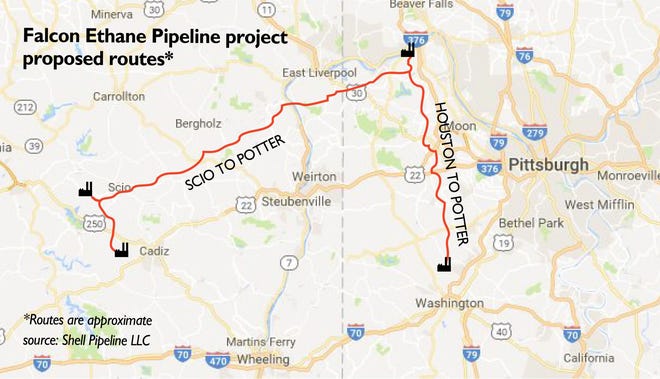 The proposed pathway of the Falcon Ethane Pipeline project directing ethane to the planned cracker plant in Potter Township.