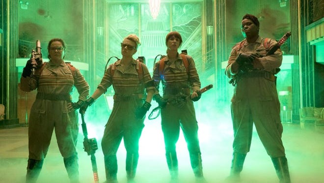 From left, Abby (Melissa McCarthy), Holtzmann (Kate McKinnon), Erin (Kristen Wiig) and Patty (Leslie Jones) inside the Mercado Hotel Lobby in “Ghostbusters.” Hopper Stone, Sony Pictures Entertainment
