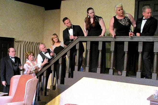 The cast of 'Rumors' includes (from left): Marco Andrews, Susan Creamer, Steve Lewis, Bunnie Hibbard, Chris Shumaker, Ashley Bates, G. Albee and Chuck Giambra. CONTRIBUTED PHOTO