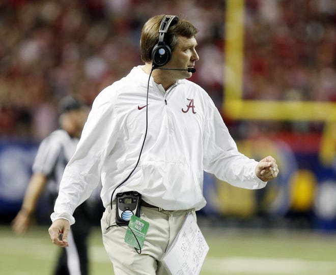 Alabama defensive coordinator Kirby Smart during the first quarter of the SEC Championship Game against Florida in the Georgia Dome in Atlanta on Saturday, Dec. 5, 2015. File photo
