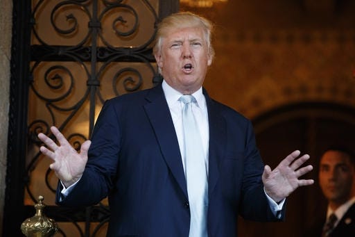 In this Dec. 28, 2016 file photo, President-elect Donald Trump speaks to reporters at Mar-a-Lago in Palm Beach.



AP