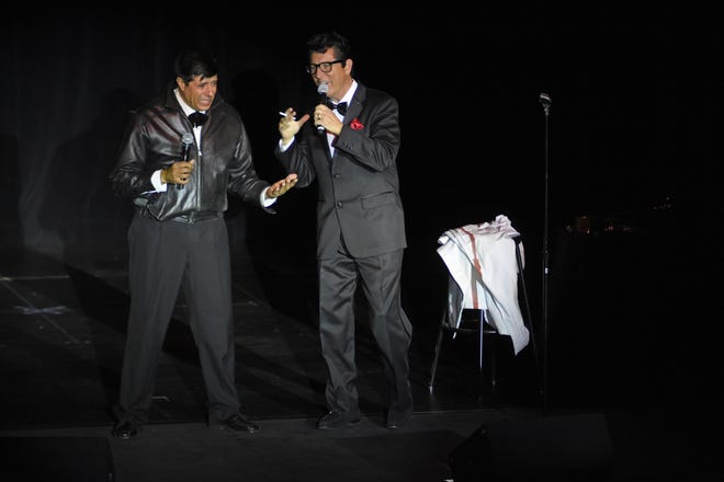 Tom Stevens, right, and Tony Lewis impersonate Dean Martin and Jerry Lewis in "The Martin and Lewis Tribute Show" at Barstow Community College's Performing Arts Center on Saturday afternoon. David Pardo, Press Dispatch