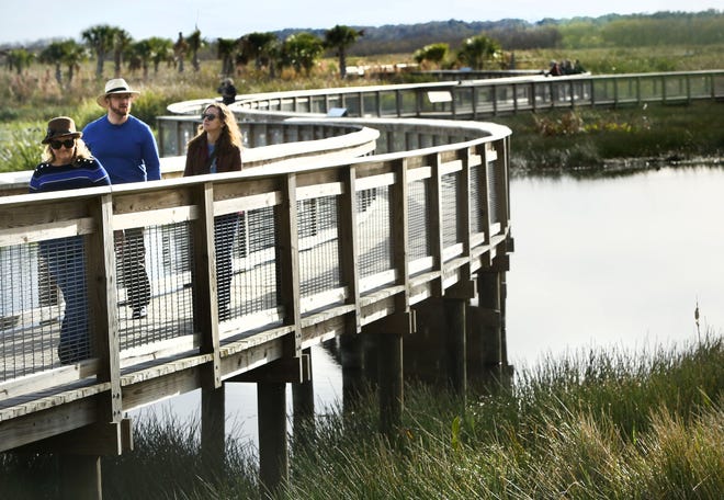 People walk along the boardwalk at the Sweetwater Wetlands Park on a pleasant winter day. The 125-acre park has about 3.5 miles of elevated walkways that wind around three ponds built to natually remove nitrogen from the water. (Brad McClenny/Staff photographer)