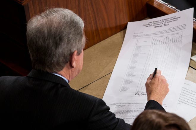 Sen. Roy Blunt, R-Mo., left, signs off on an official tally following a joint session of Congress to count Electoral College votes in Washington,Friday, Jan. 6, 2017.Congress certified Donald Trump’s presidential victory over the objections of a handful of House Democrats, with Vice President Joe Biden pronouncing, “It is over.” (AP Photo/Zach Gibson)