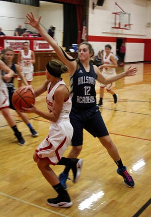 Hillsdale Academy's Brooklynn Gravel defends Camden-Frontier's Kendall Cooney. ANDREW KING PHOTO