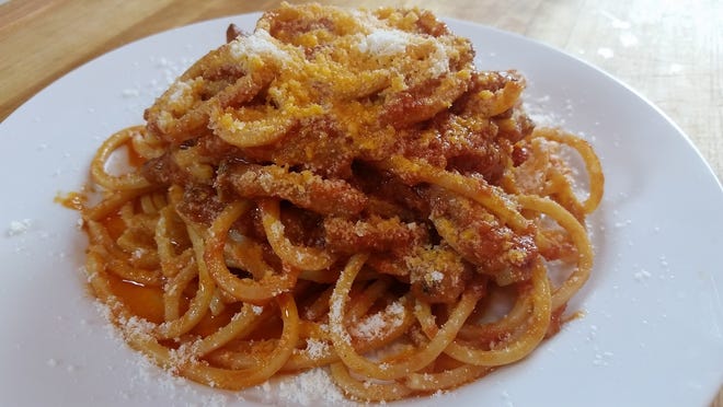 Bucatini all'Amatriciana, prepared by chef Cristiano Labia of Massimo and Pane e Vino. The Providence Journal/Gail Ciampa
