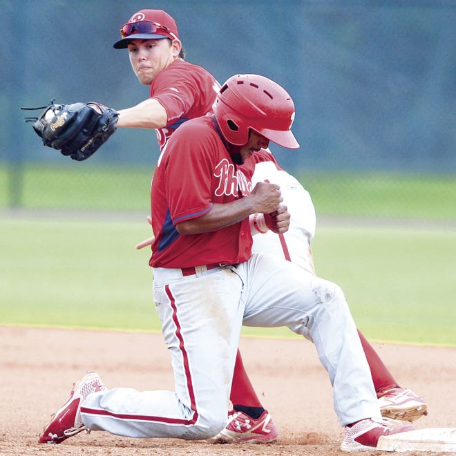 (File) Phillies second baseman prospect Scott Kingery, shown here in March 2016, is hitting .375 in Clearwater after drawing a walk and scoring a run Sunday as the Phillies beat the Detroit Tigers 8-5.
