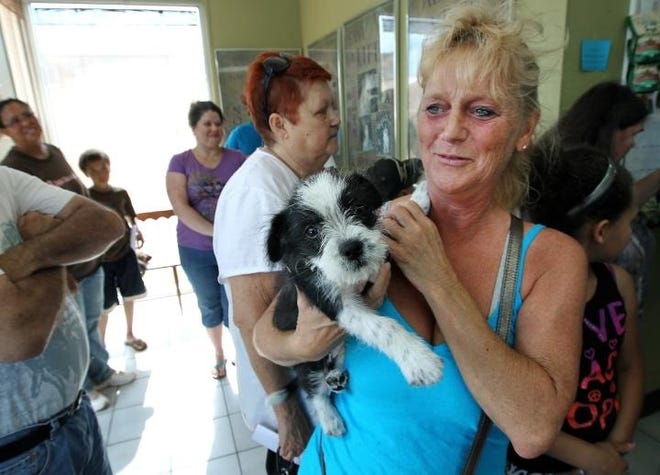 Shelia Jenkins picks up her terrier mix dog, Precious, after she had her spayed at the Gaston Low-Cost Spay/Neuter Clinic in Gastonia. (Gazette File Photo)