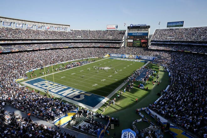 In this Nov. 16, 2014, file photo, the San Diego Chargers play against the Oakland Raiders during the first half of an NFL football game at Qualcomm Stadium in San Diego. The Chargers are moving to Los Angeles, where they will join the recently relocated Rams in giving the nation's second-largest media market two NFL teams for the first time in decades. The announcement was made Thursday.