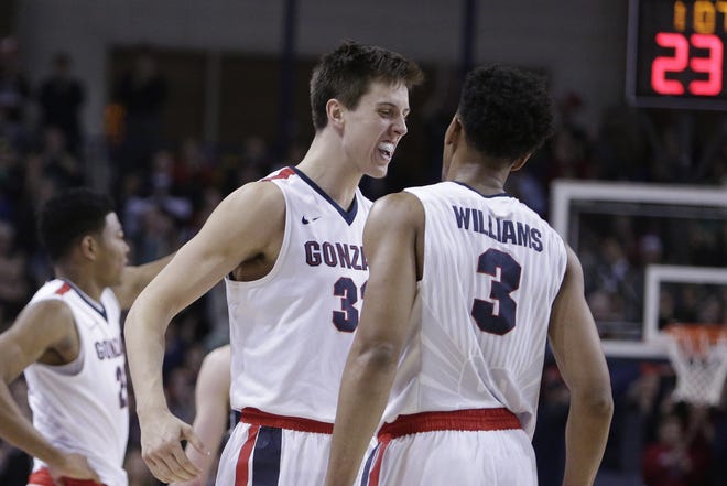 Gonzaga forward Zach Collins (32) celebrates with teammate forward Johnathan Williams (3) in a win over Saint Mary's on Saturday. YOUNG KWAK / AP PHOTO