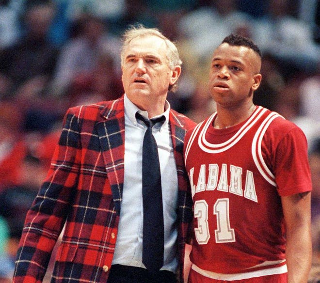 The 1986-87 SEC Champions will be honored at halftime of the University of Alabama's game against Missouri on Wednesday. University of Alabama basketball coach Wimp Sanderson, shown in this undated file photo with player James Robinson, will return to Tuscaloosa as part of the 30th anniversary reunion. Staff file photo