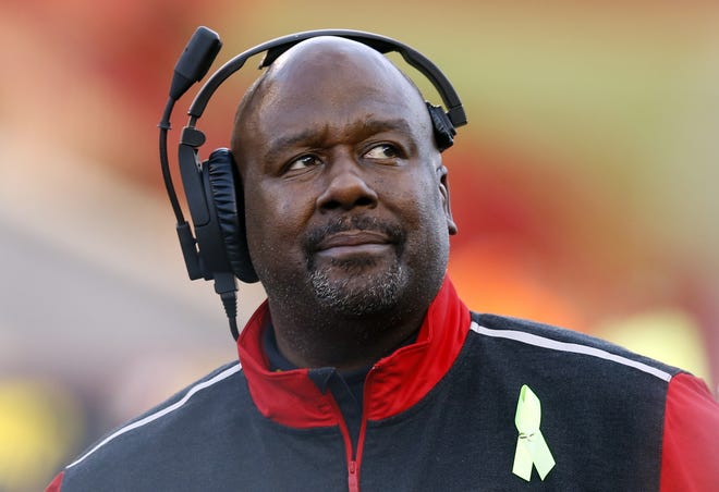 Then-Maryland interim head coach Mike Locksley watches from the sideline during an NCAA college football game against Indiana in College Park, Maryland, on Nov. 21, 2015. Alabama has promoted former New Mexico head coach Mike Locksley to a full-time offensive assistant. Alabama coach Nick Saban says Locksley has "an outstanding offensive mind" and is one of the nation's best recruiters. (AP Photo/Patrick Semansky, File)