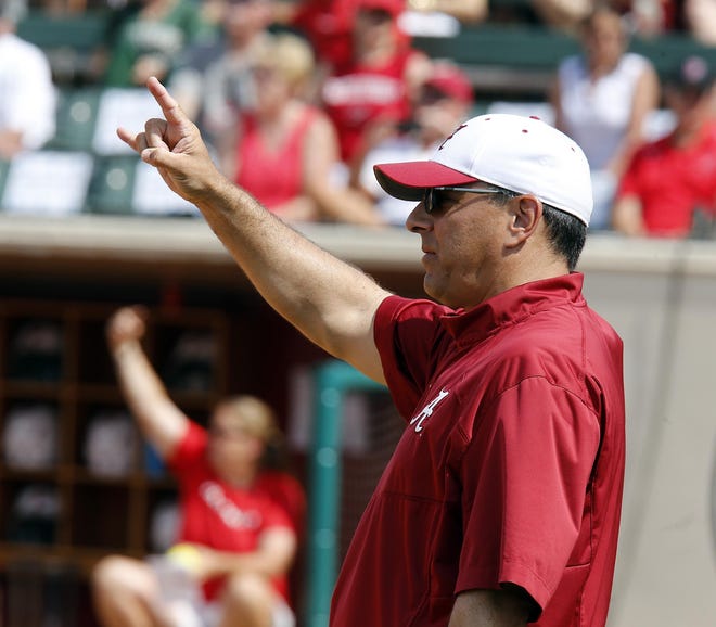 Alabama softball coach Patrick Murphy signals to his team in the field during the first inning against Fairfield at Rhoads Stadium in Tuscaloosa on May 15, 2015. Staff file photo