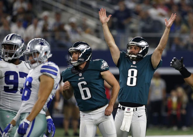 (File) Eagles kicker Caleb Sturgis (6) and punter Donnie Jones celebrate a field goal kicked by Sturgis late in the first half against the Cowboys on Sunday. Both Jones and Sturgis will return in 2017.