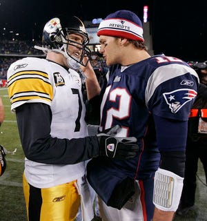 New England Patriots quarterback Tom Brady, left, and Pittsburgh Steelers quarterback Ben Roethlisberger meet at midfield after their NFL football game in Foxboro., Sunday, Dec. 9, 2007. The Patriots defeated the Steelers 34-13.