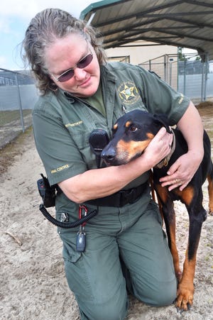 Walton County Animal Control Officer Ruth Henthorn visits with one of the dogs at the county's animal shelter in DeFuniak Springs. Henthorn was bitten on the face by a dog she was removing from a residence, requiring extensive surgery and recovery.

DEVON RAVINE/DAILY NEWS