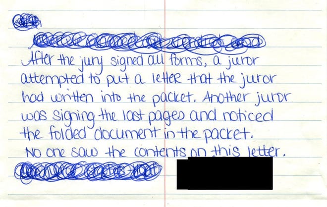 A letter sent to Judge Leo Sorokin by jurors shortly before they delivered a death sentence for Gary Lee Sampson, a spree killer who has admitted to killing two men on the South Shore and a third in New Hampshire in 2001.