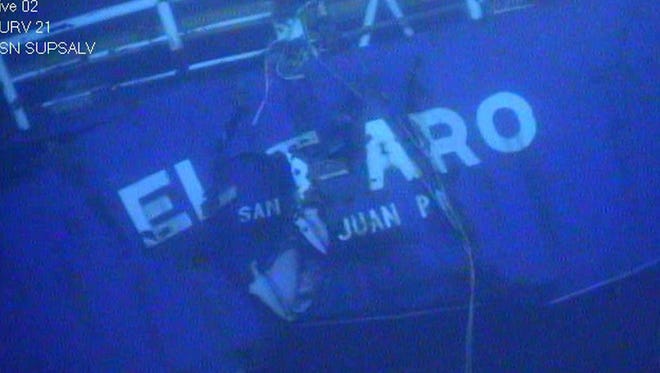 This undated image made from a video and released Tuesday, April 26, 2016, by the National Transportation Safety Board shows the stern of the sunken ship El Faro. The NTSB announced that the data recorder was located northeast of Acklins and Crooked Islands, Bahamas. El Faro, a 790-foot freighter, sank last October after getting caught in Hurricane Joaquin. The data recorder is capable of recording conversations and sounds on the El Faro’s bridge, which may help investigators better understand the final moments of the ship’s final journey. (National Transportation Safety Board via AP)