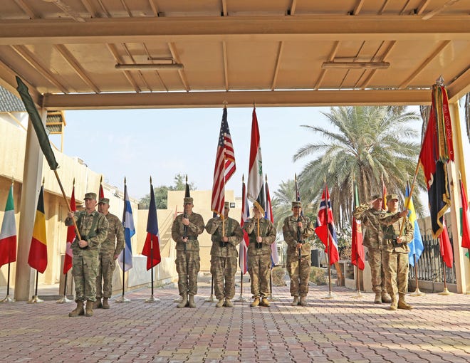 U.S. Army soldiers serving in Iraq participate in a ceremony on Jan. 19, 2017, to mark the transfer of authority for the Operation Inherent Resolve advise and assist mission. The 2nd Brigade Combat Team, 82nd Airborne Division assumed the mission from the 2nd Brigade Combat Team, 101st Airborne Division.