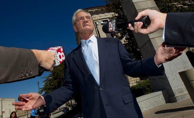 FILE - In this file photo taken Nov. 2, 2011, former Alabama Gov. Don Siegelman talks with reporters outside the Federal Courthouse in Montgomery, Ala. (AP Photo/Dave Martin, File)
