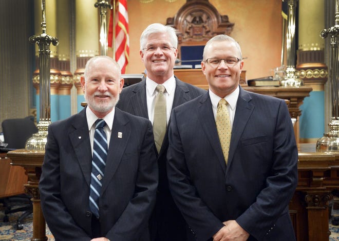 State Sen. Mike Shirkey (R-Clarklake) is pictured with Branch County Republican Party Chairman Dennis Armstrong (left) and Hillsdale Hospital Director of Organizational and Business Development Jeremiah “JJ” Hodshire (right). COURTESY PHOTO