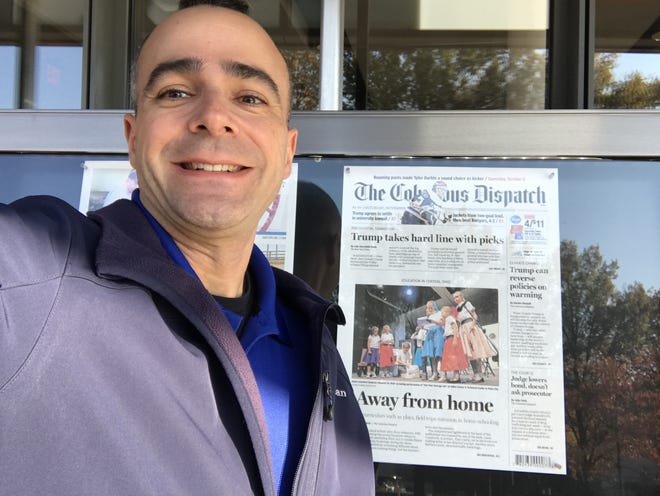 Joe George of Columbus visits The Dispatch in the front-page exhibit at the Newseum in Washington, D.C. He recommends that travelers carry an external cellphone battery to avoid getting stuck waiting at a wall outlet.
