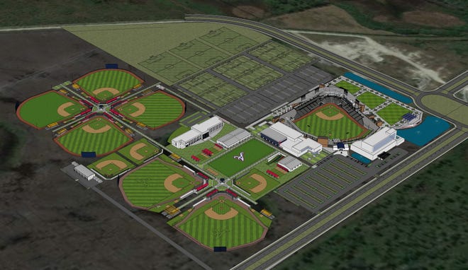 A rendering of the Atlanta Braves' proposed spring training facility in North Port. The planned $75 to $80 million complex in the West Villages area near U.S. 41 and River Road hinges on a series of public funding commitments, including a $20 million state grant designed to help retain Major League Baseball teams' spring training facilities in Florida. Provided by West Villages