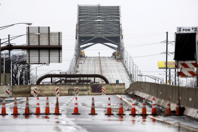 This photo shows the Delaware River Bridge in Bristol Borough, Monday, Jan. 23, 2017. Tens of thousands of drivers are being told to expect "extreme" delays for weeks because the bridge connecting Pennsylvania and New Jersey had to be shut down because of a cracked steel truss.