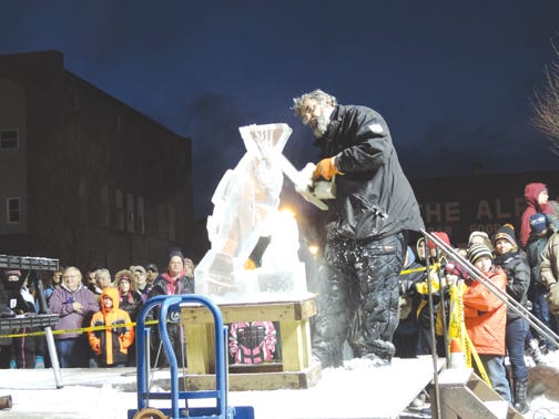 This 2016 file photo shows Jim Leahy of Ice Creations working on one of the ice sculptures displayed during Sault Ste. Marie’s Downtown Winter Ice Festival. This year’s event — slated for Friday and Saturday — will also feature a series of ice sculptures scattered throughout the downtown area created by carvers from Ice Creations.