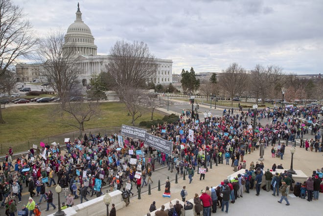 Pro-life demonstrators arrive on Capitol Hill in Washington, Friday, Jan. 27, 2017, during the March for Life. The national march, held each year in Washington, marks the anniversary of the 1973 Supreme Court decision legalizing abortion. AP