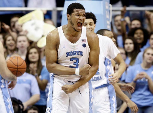 North Carolina's Kennedy Meeks reacts during Thursday night's victory against Virginia Tech.