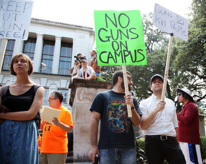 Texas is one of eight states that have made it legal for permit holders to carry guns on campuses, despite protests like this one in August 2016 at the University of Texas. AP Archives