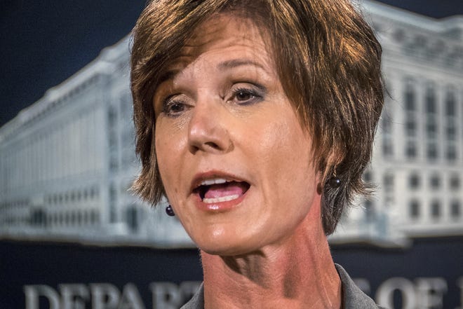 In this June 28, 2016, file photo, then-Deputy Attorney General Sally Yates speaks at the Justice Department in Washington. On Monday, Jan. 30, 2017, President Donald Trump fired Yates after she ordered Justice Department lawyers to stop defending refugee ban. THE ASSOCIATED PRESS