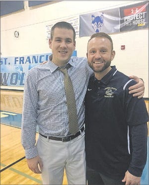 Saint Francis coach Billy Donovan Jr. and Tampa Cambridge Christian coach Teddy Dupay embrace after the two former Gators went head to head as coaches in the Wolves' 11-point win Monday.