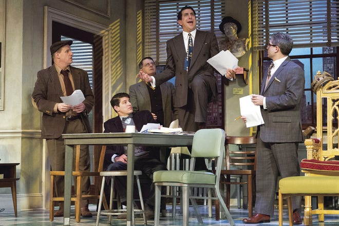 Neil Simon’s "Laughter on the 23rd Floor" stars (from left) Anthony Lawton, Davy Raphaely, Tony Freeman, Frank Ferrante (on table) and Jesse Bernstein, continuing at Walnut Street Theatre.