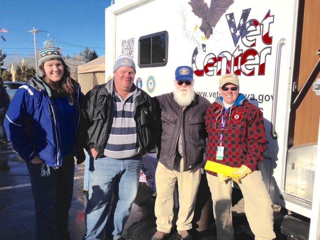 The Maine Military Community Network conducted its annual "Point in Time" survey of homeless individuals in Sanford on Wednesday, Jan. 25. Leading the effort were Jessica Hossfeld, left, a counselor at the Sanford Vet Center; Jerry Short, a technician for the Mobile Vet Center; James Bachelder, the past state commander of the VFW and current chair of the state VFW's homeless veterans committee; and Amy Marcotte, the team leader at the Sanford Vet Center. PHOTO BY SHAWN P. SULLIVAN