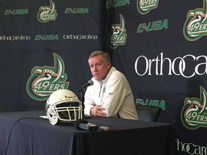 Charlotte 49ers head coach Brad Lambert discusses his 2017 recruiting class on Wednesday afternoon. (Photo by Richard Walker/The Gazette)