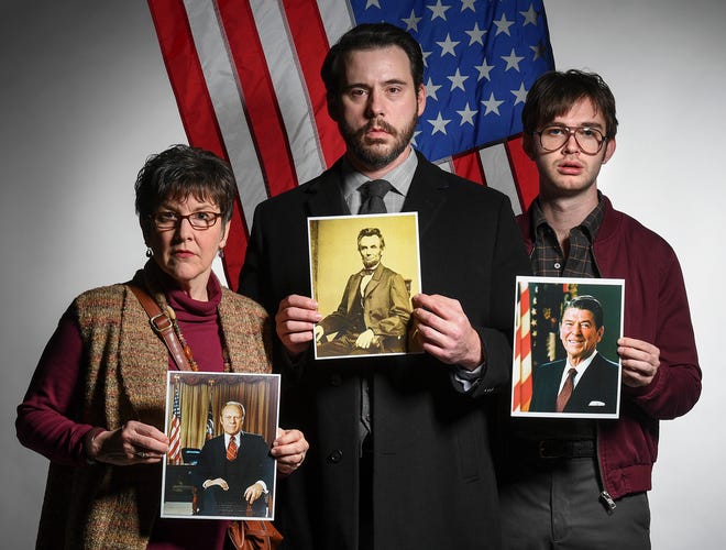 From left, Lyn Cramer (Sara Jane Moore), Mateja Govich (John Wilkes Booth) and Mark Jammal (John Hinckley). The images they hold depict the U.S. presidents their characters targeted: Gerald R. Ford, Abraham Lincoln and Ronald Reagan. [Photo by K.O. Rinearson]