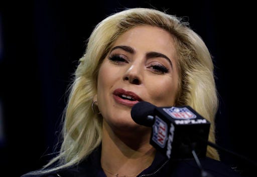 Lady Gaga answers questions at a news conference for the NFL Super Bowl 51 football game Thursday, Feb. 2, 2017, in Houston. (AP Photo/Morry Gash)