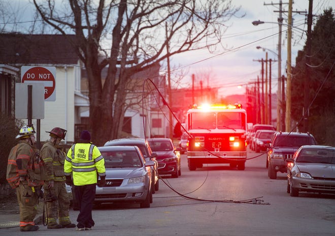 Firefighters blocked off a section of the 500 block of Beaver Avenue after sparking wires fell across the road in Aliquippa. Wires running to a house on the block caught fire and caused a small amount of damage before residents of the home were able to extinguish the flames with a garden hose.
