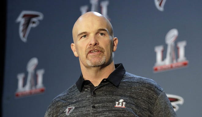 Atlanta Falcons head coach Dan Quinn answers a question during a media availability for the NFL Super Bowl LI on Thursday in Houston. Atlanta will face the New England Patriots in the Super Bowl Sunday. Eric Gay / AP