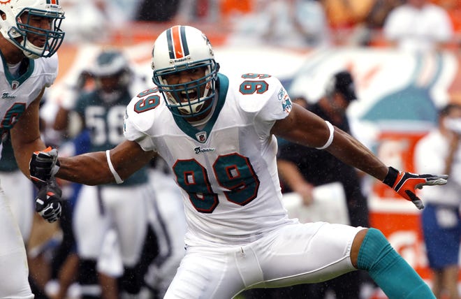 Former Miami Dolphins outside linebacker Jason Taylor was selected to be enshrined in the the Pro Football Hall of Fame on Saturday. FILE/THE ASSOCIATED PRESS