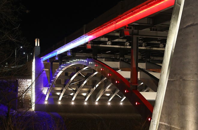 The Pawtucket River Bridge and other R.I. landmarks will be bathed in red, white and blue light on Sunday while the Patriots play in the Super Bowl. The Providence Journal/Glenn Osmundson