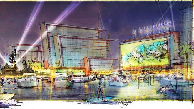 This rendering envisions a huge screen in the area of The Shipyards that boaters could dock near and catch a movie. (Illustration provided by Yves P. Rathle ra: design.studioyves.com) This rendering envisions a huge screen in the area of The Shipyards that boaters could dock near and catch a movie. (Illustration provided by Yves P. Rathle ra: design.studioyves.com)