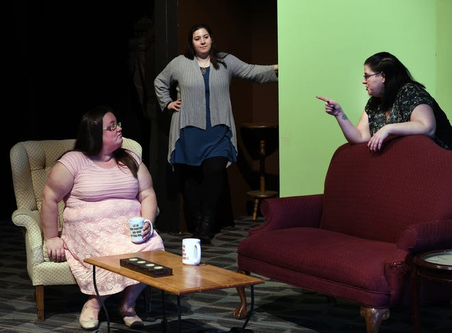 Angela Johnsen, left, as Helen, with Lori Lapomardo, right, as Ruta and director Christie Brady watching during Braid Productions rehearsals for 'Helen's Most Favorite Day.' T&G Staff/Christine Peterson
