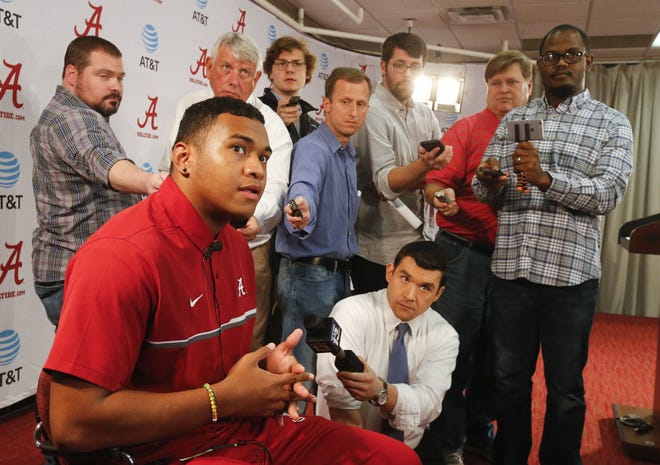 Highly touted quarterback recruit Tua Tagovailoa speaks to the media during a news conference announcing the recruiting class for the University of Alabama in Tuscaloosa, Ala., on Wednesday. (Gary Cosby Jr./The Tuscaloosa News via AP)