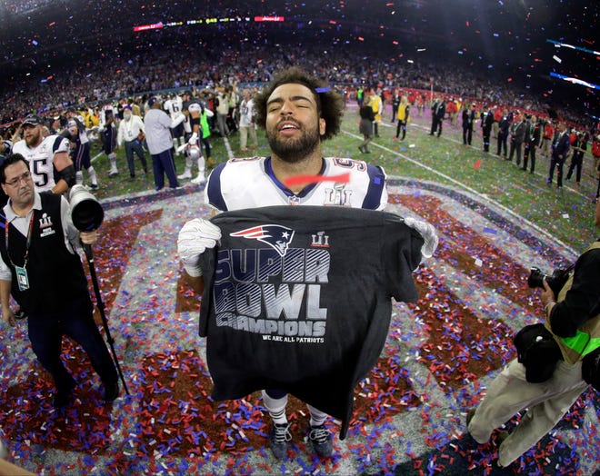 New England Patriots' Kyle Van Noy celebrates after the NFL Super Bowl 51 football game Sunday, Feb. 5, 2017, in Houston. The Patriots defeated the Atlanta Falcons 34-28 in overtime. (AP Photo/Mark Humphrey)