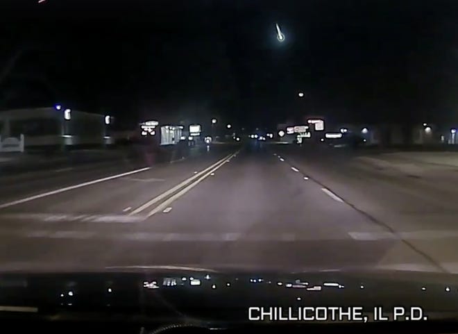 A meteor streaks across the sky in this dashcam video by Officer Murphy of the Chillicothe Police Department on Monday morning.
